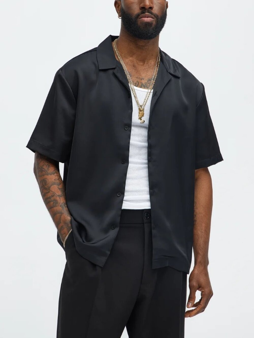 Links Satin Short Sleeve Button Up Shirt